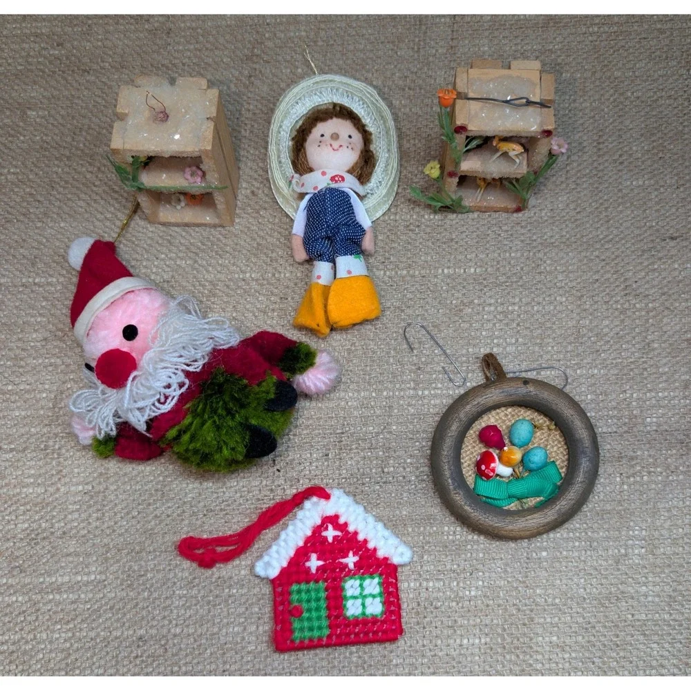 Vintage Handmade Christmas Ornaments Set Santa House Gnome Doll Holiday Decor